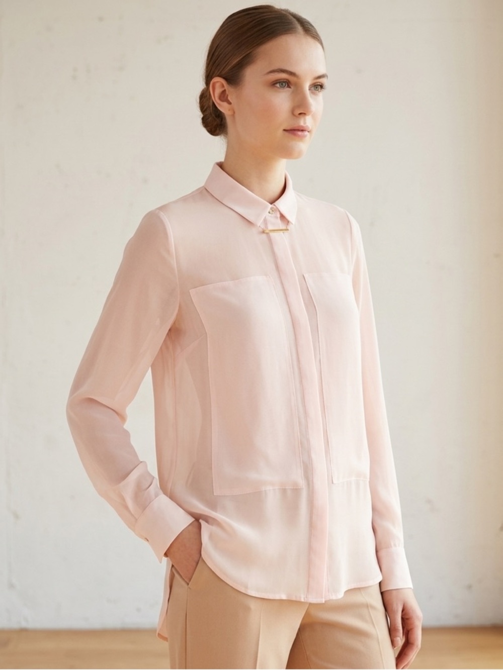 PJK Patterson J. Kincaid Sheer Pale Pink Button-Down Blouse